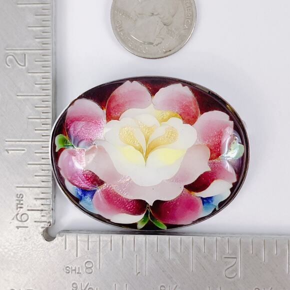 Vintage Mid Century Brooch Reverse Painted Glass Floral Oval Pin 1950s 60s - Picture 10 of 10